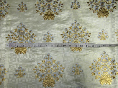Brocade fabric cream/metallic gold with blue embroidery color 44&quot;wide