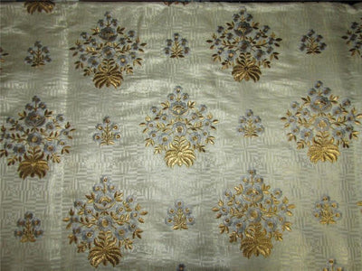 Brocade fabric cream/metallic gold with blue embroidery color 44&quot;wide