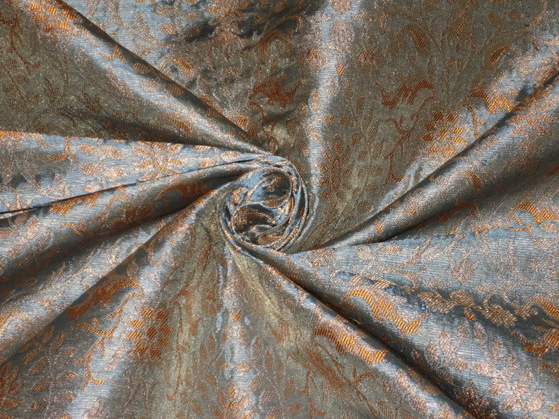 Heavy Silk Brocade Fabric Metallic Gold,Mustard &amp; Greyish Blue