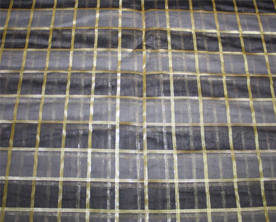 Cotton chanderi fabric plaids shade of grey &amp; metallic gold 44&quot; wide