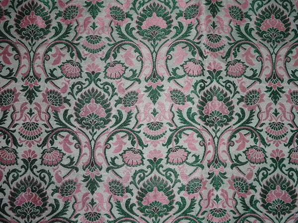 Pure Heavy Silk Brocade Fabric Pink,Ivory &amp; Metallic Green 36&quot;