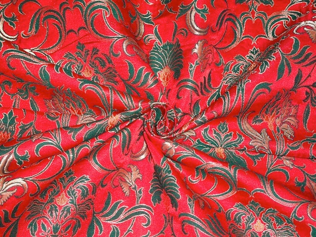 Silk Brocade Fabric Green, Red & Metallic Gold color 36" wide BRO317[2]