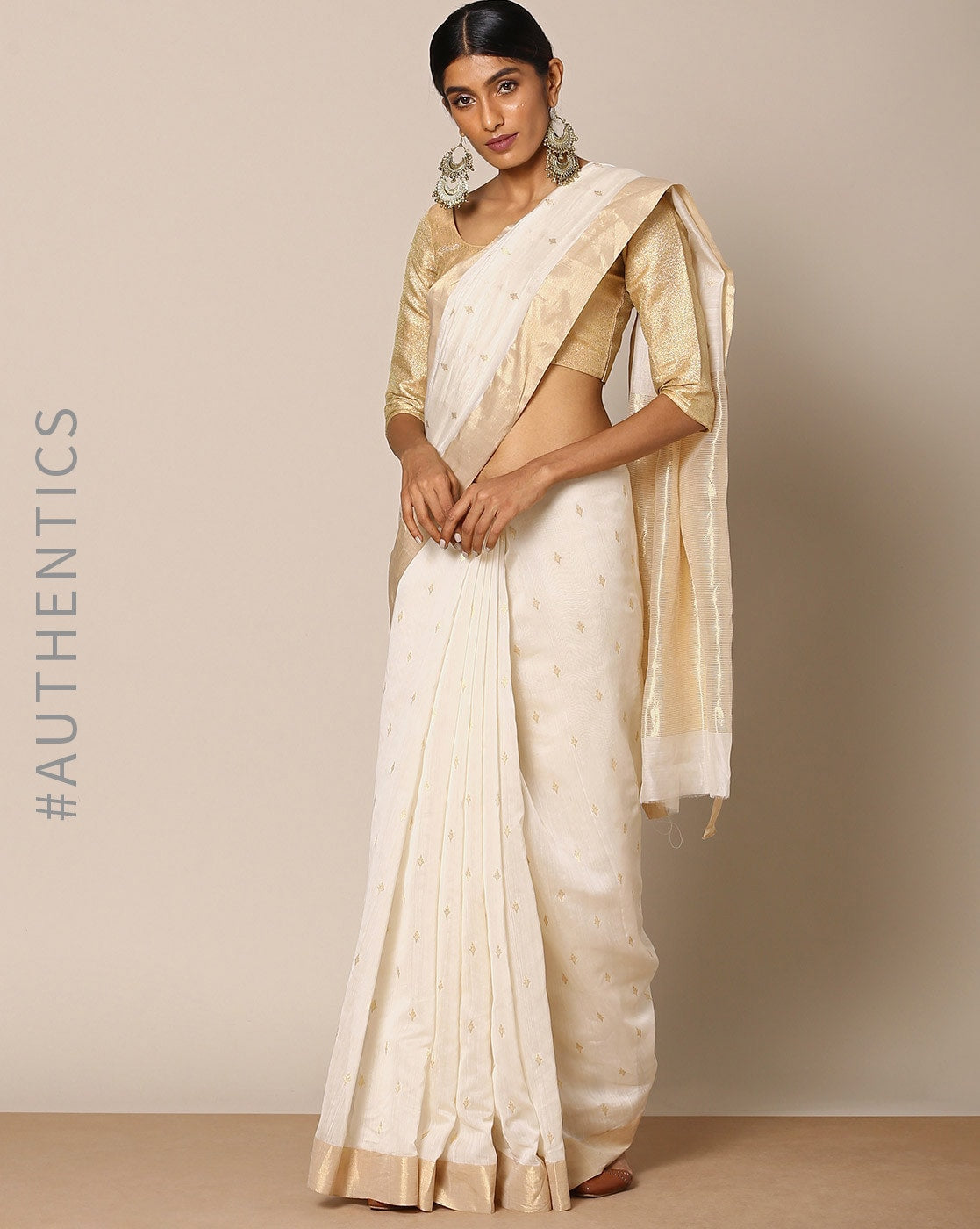 Chanderi silk fabric Leaf print with metallic gold border ~ 44'' wide