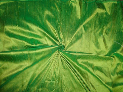 100%PURE SILK DUPIONI FABRIC PISTACHIO GREEN X DEEP GREEN 54&quot;WITH SLUBS*