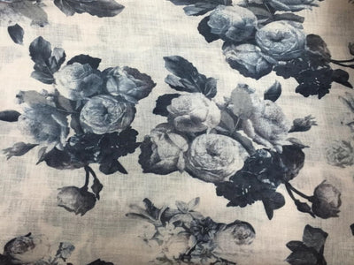 100% linen Beautiful Black Grey and White floral Print Fabric 58" wide[11670]