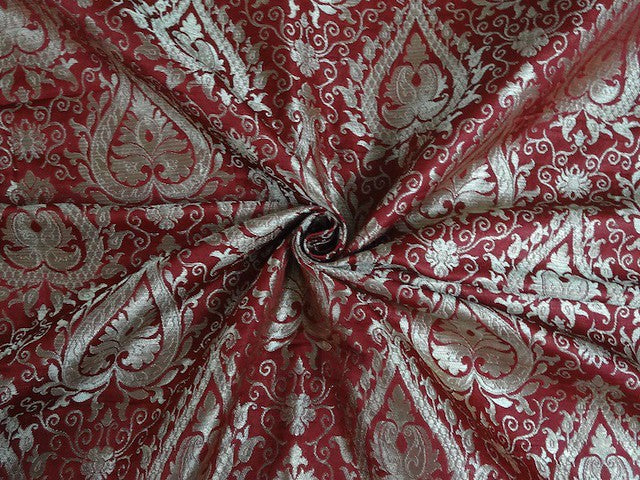 Pure SILK BROCADE FABRIC Bridal Red &amp; Metallic Gold 36&quot;