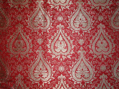 Pure SILK BROCADE FABRIC Bridal Red &amp; Metallic Gold 36&quot;