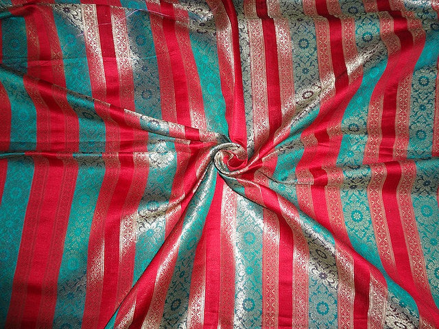 SILK BROCADE FABRIC Red,Blue & Metallic Gold 44" wide BRO164[2]