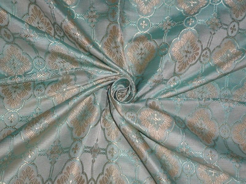 Silk Brocade Vestment Fabric Light Sky Blue & Butter Gold color 44" wide BRO349[5]