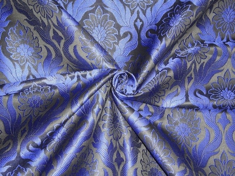 SILK BROCADE FABRIC Black &amp; Ink Blue 44&quot;
