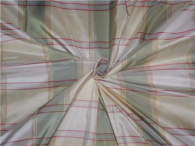 100%Pure Silk Taffeta Plaid Fabric Green Red x Cream Cut Length 2 yard