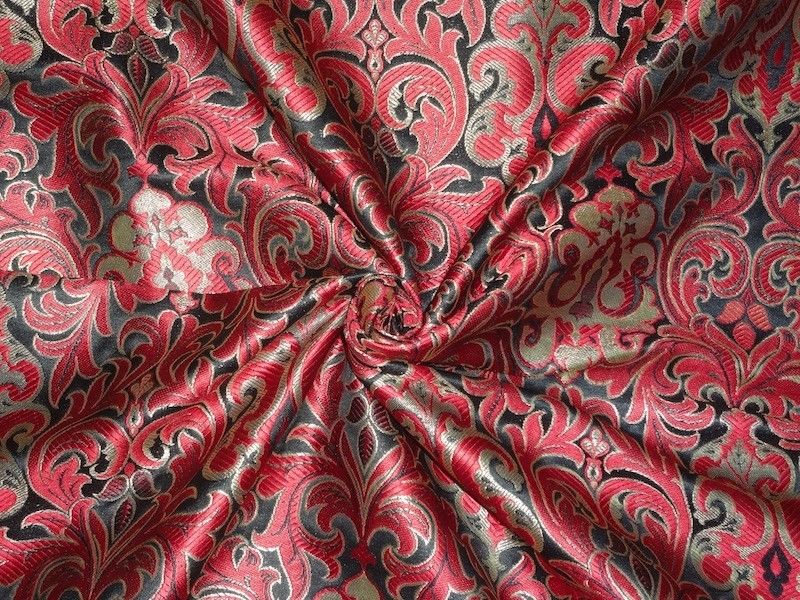 SILK BROCADE FABRIC Red,Black & Metallic Gold Color 44" wide BRO353[4]