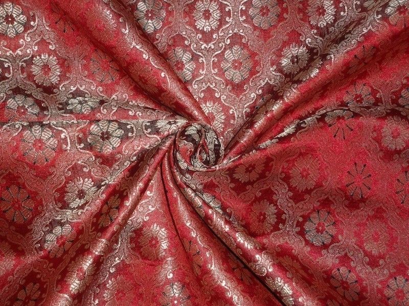 SILK BROCADE FABRIC Red,Green & Metallic Gold Color 44" wide BRO352[4]