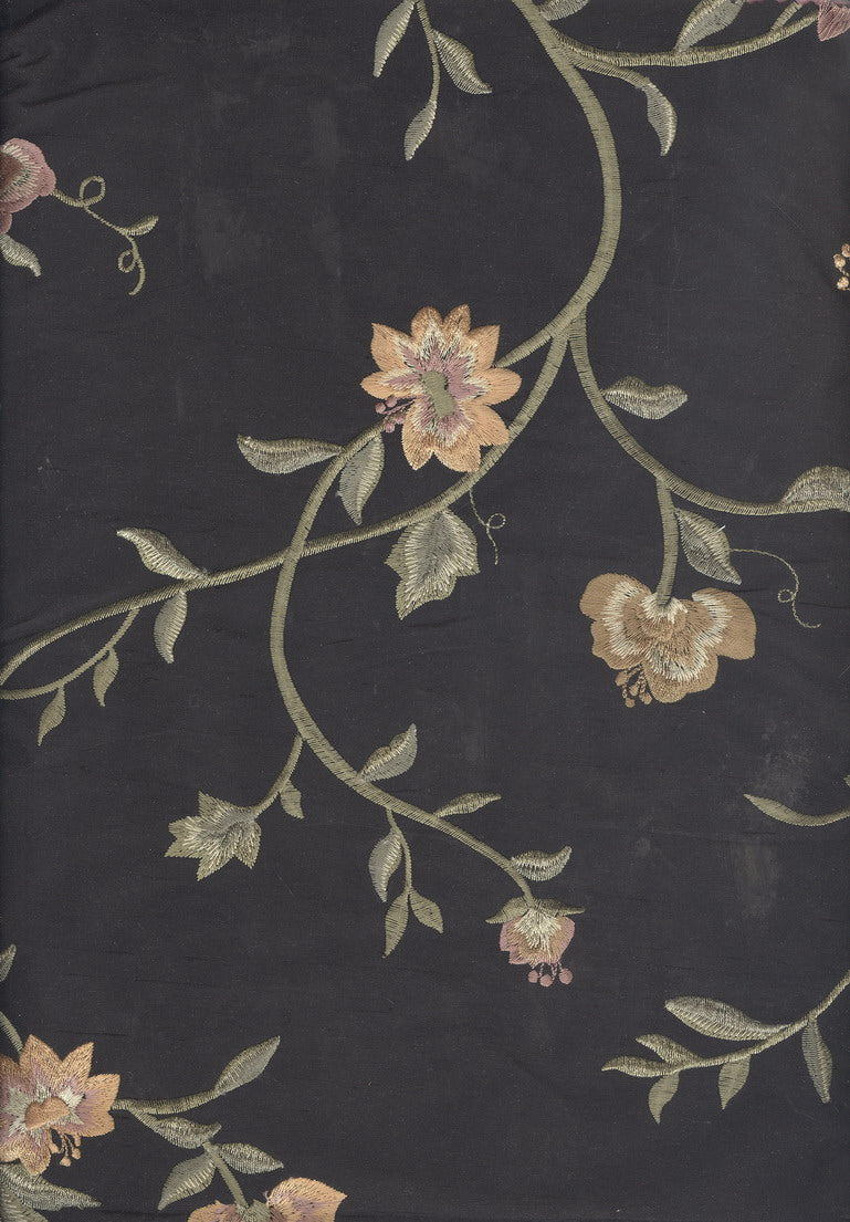 black floral silk dupioni fabric 54&quot;-computer embroideryDUPE34