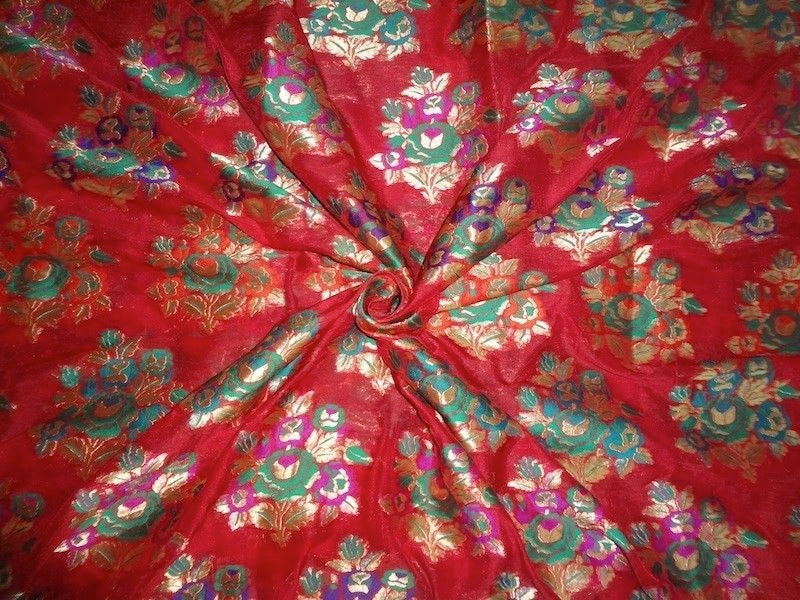 Pure Heavy Silk Brocade Fabric Red,Green,Purple &amp; Metallic Gold color