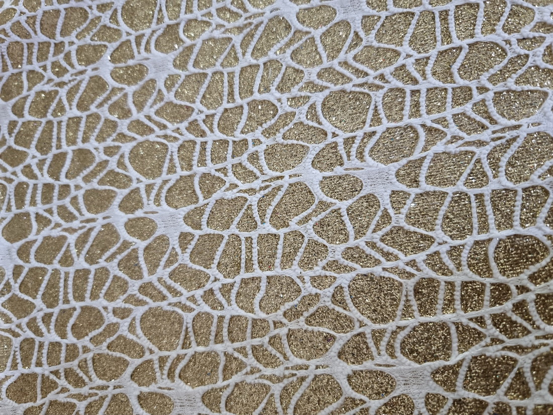 Golden STRETCHABLE Lycra shimmer fabric with white work 58''wide  BY THE YARD