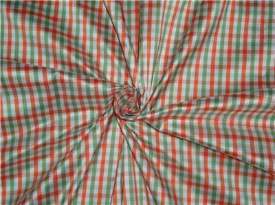 100% Pure Silk Dupioni Fabric Orange x Green White Small Checks 54" wide DUP#C84