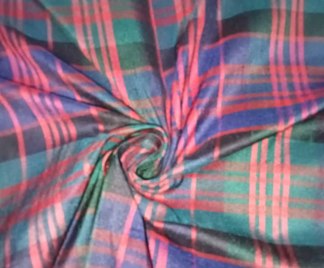 100% silk dupion red blue green tartan Plaids fabric 54&quot; wide