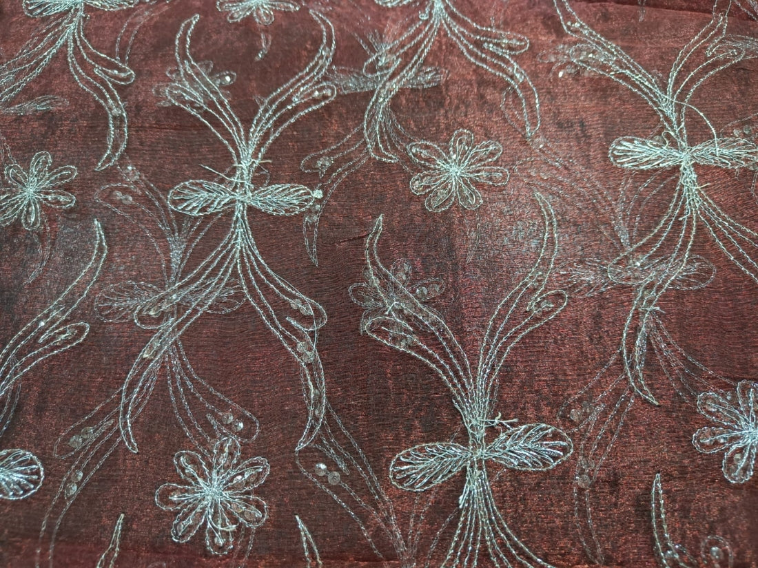 100%  Silk tissue fabric copper brown with silver embroidery 44" wide [12378]