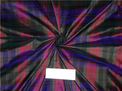 PURPLE,GREEN,GOLD X BLACK COLOR PLAIDS~SILK DUPIONI FABRIC~WIDTH 54