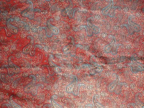 Silk Brocade Fabric~Width 44-Aqua Blue &amp; Red paisleys