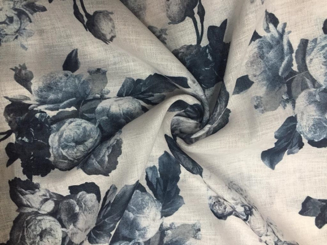 100% linen Beautiful Black Grey and White floral Print Fabric 58" wide[11670]