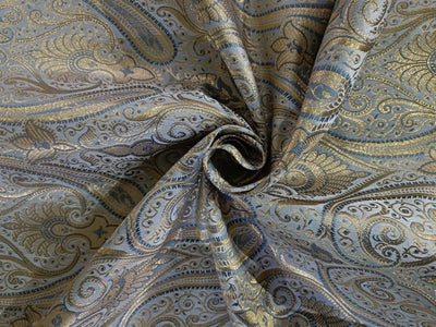 Silk Brocade fabric silver grey paisleys with gold metallic jacquard COLOR 44" wide BRO859[3]