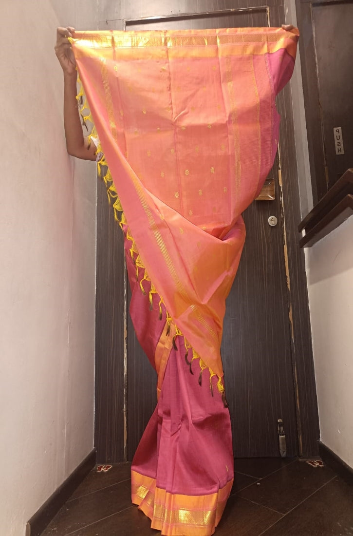 Indian beautiful cotton silk sari pink and mango with metallic gold jacquard