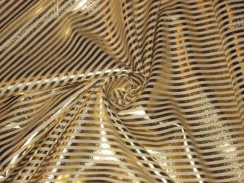 Superb Quality Linen Club Beige with gold color foil print horizontal stripe Fabric ~ 58&quot; wide