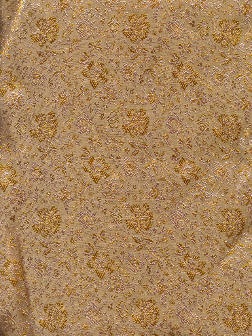 almond brown silk brocade fabric~floral