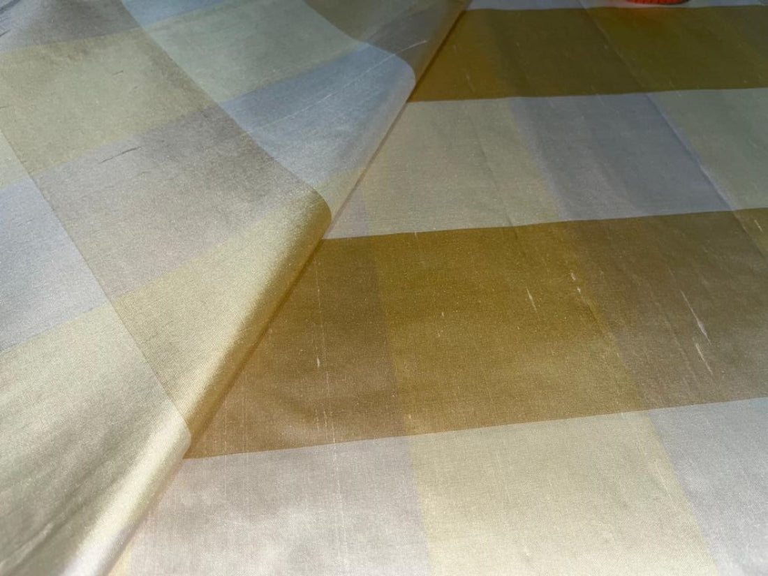 100% Silk Dupion Fabric Iovry Cream and Gold Plaids brown and gold 54" wide