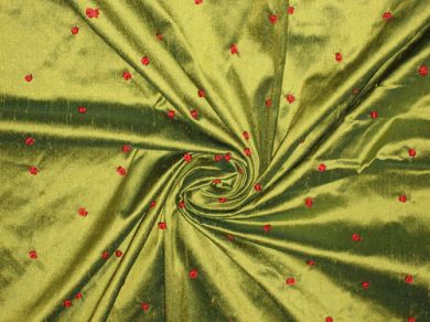 SILK DUPIONI Fabric Green with Red embroidered dots 44" wide DUP#E30[2]
