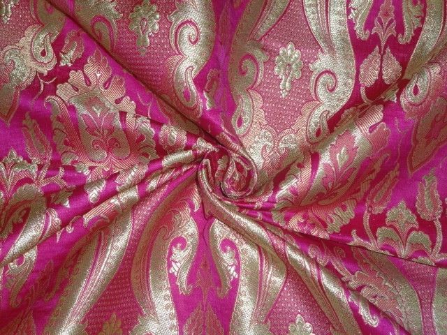 Pure Heavy Silk Brocade Fabric Pink,Gold & Metallic Gold color 44" wide BRO334[4]