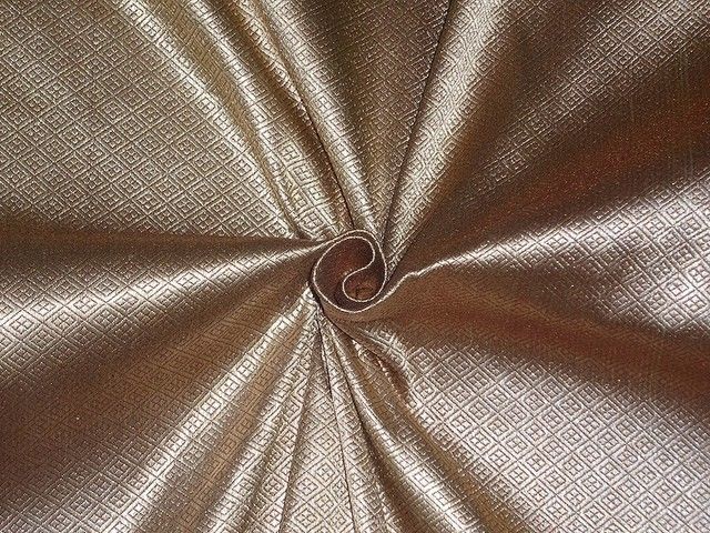 Pure Heavy Silk Brocade Fabric Brown &amp; Metallic Gold color 36 &quot;