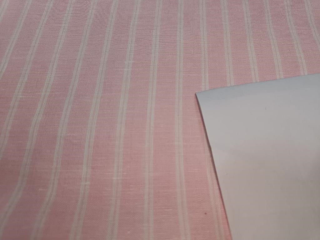 Superb Quality Linen Club Baby Pink with white color horizontal stripe Fabric 58" wide [1359]