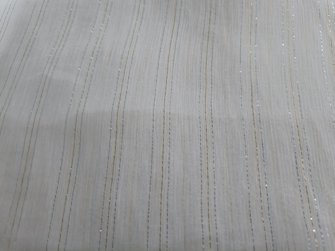 100% SILK CHIFFON white ivory fabric stripe silver/gold lurex 44" wide