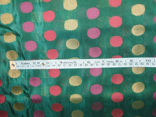 Pure Silk brocade fabric Green colour with pink and gold dots 44" wide BRO57[1]