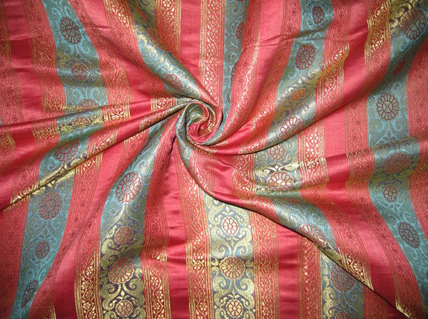 Pure Silk Brocade Fabric Blue,Pink &amp; Gold