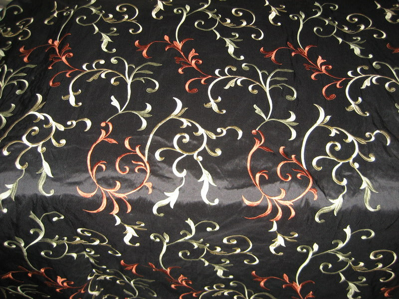 Black SILK DUPIONI Fabric Rust &amp; Olive Embroidery