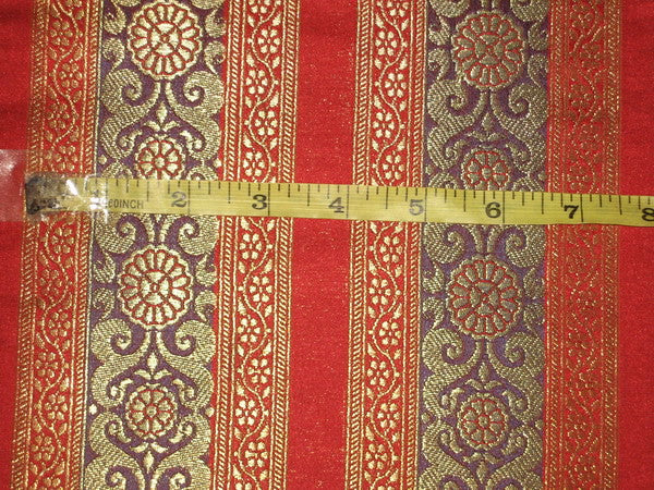 100% Pure Silk Brocade fabric Red,Gold &Dark Aubergine colour 44" wide [1913]