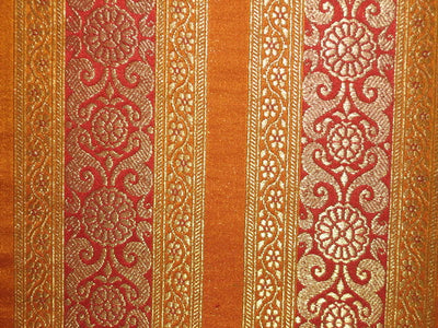 100% Pure Silk Brocade fabric Red,Gold &Mustard Orange colour 44" wide robin110