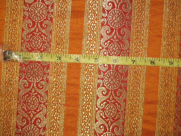 100% Pure Silk Brocade fabric Red,Gold &Mustard Orange colour 44" wide robin110