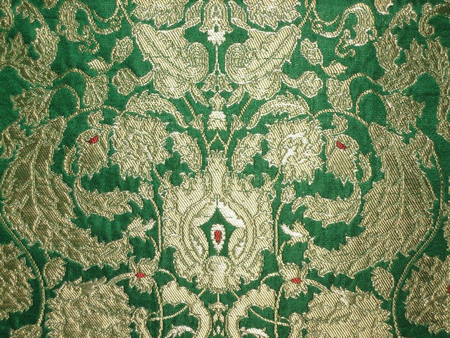 Heavy Silk Brocade Fabric Green,Red &amp; Metallic Gold