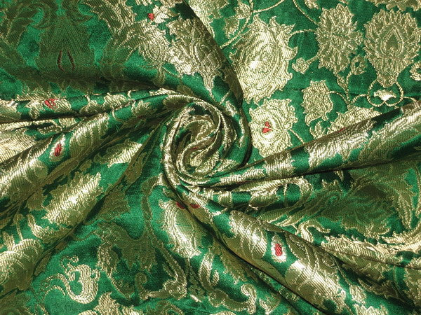 Heavy Silk Brocade Fabric Green,Red &amp; Metallic Gold