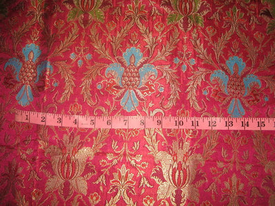 Heavy Silk Brocade Fabric Pink,Green &amp; Metallic motifs