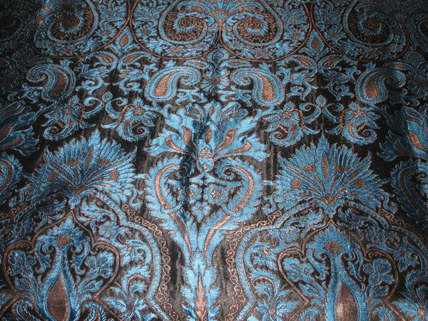 Heavy Silk Brocade Fabric Blue,Metalic Bronze &amp; Black