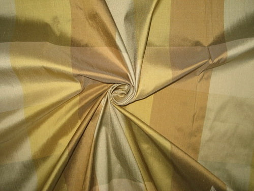 100% Silk Dupion Fabric Ivory Cream/Gold Plaids brown and gold 54" wide DUP#C50