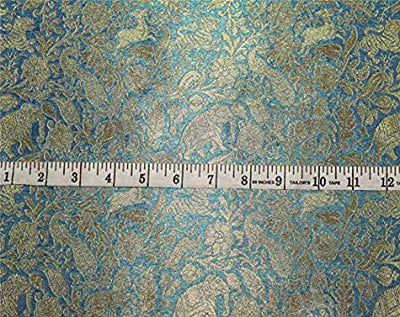 Silk Brocade blue Fabric with metallic Gold Animal Figure Motifs 44&quot;