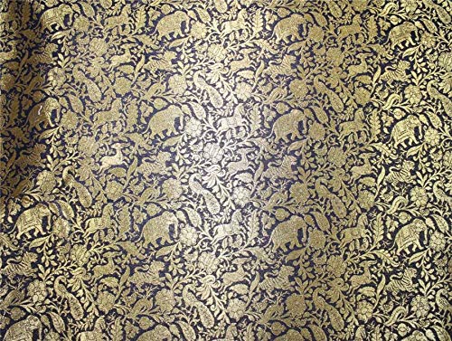 Silk Brocade navy blue Fabric x metallic Gold Animal Figure Motifs 44" wide BRO665[1]