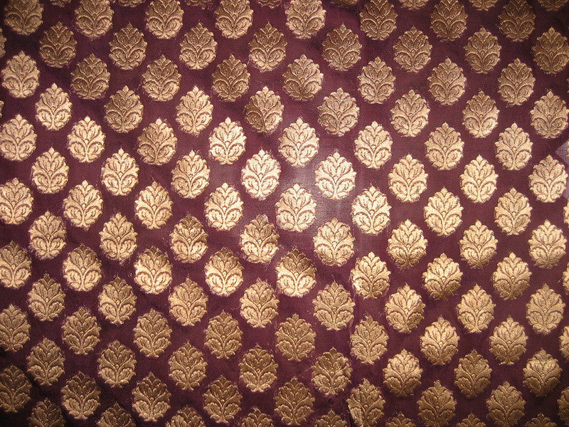 Pretty Silk Brocade Fabric Dark Aubergine &amp; Antique Metallic Gold semi sheer